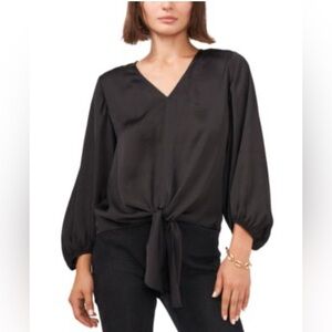 Vince Camuto black satin effect blouse 3/4 sleeve tie front Sz M